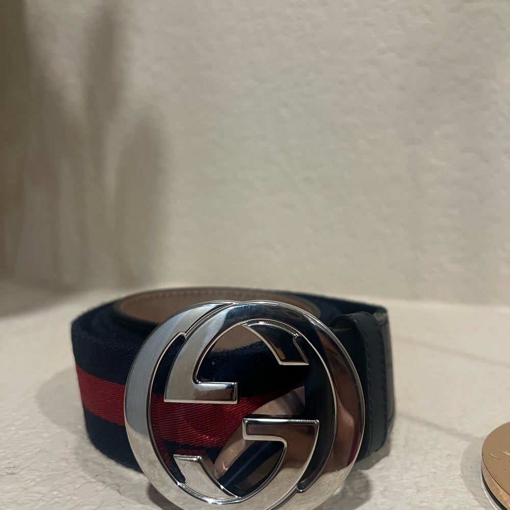 Gucci Blue and Red Belt with Silver Buckle